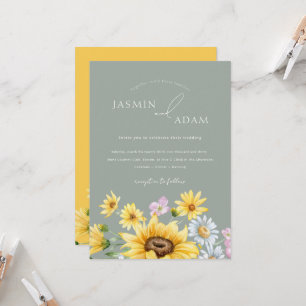 Invitation Été Sage Vert Jaune Fleurs de soleil Mariage Flora