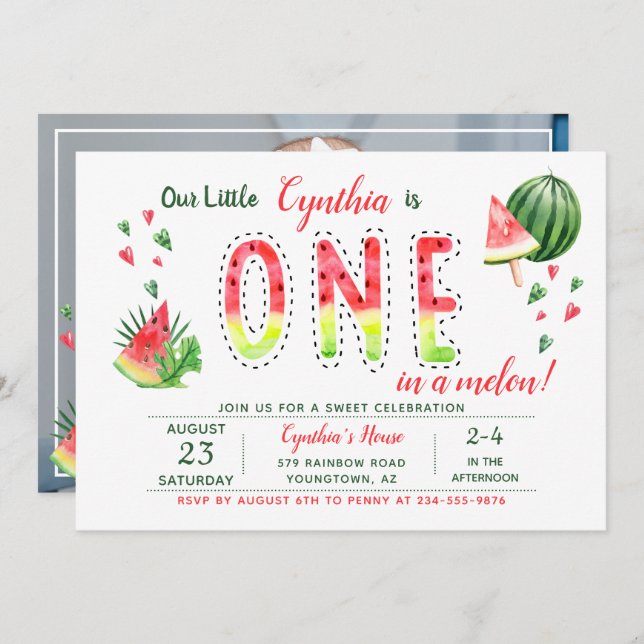 Invitation Eté Sweet Watermelon Photo Premier anniversaire (Devant / Derrière)