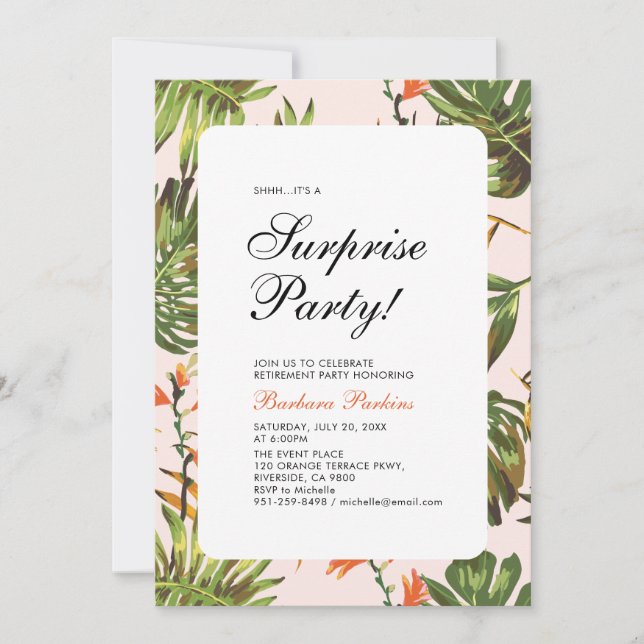 Invitation Été Tropical | Fête de Retraite Moderne Surprise (Devant)