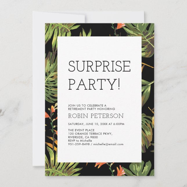 Invitation Été Tropical | Fête de Retraite Moderne Surprise (Devant)