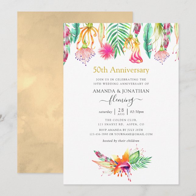 Invitation Été Tropical Floral 50e Anniversaire de Mariage (Devant / Derrière)