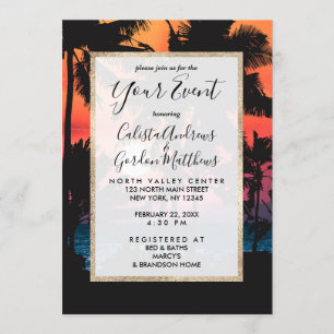 Invitation Été Tropical Pink Orange Palm Trees coucher du sol