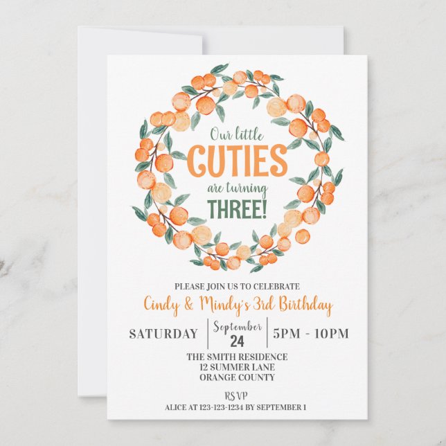 Invitation Été Twin Girls Anniversaire, Oranges 3e Anniversai (Devant)