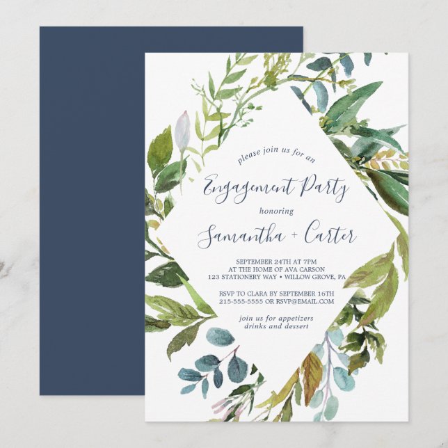 Invitation Été Vert Diamond Wreath Engagement Party (Devant / Derrière)