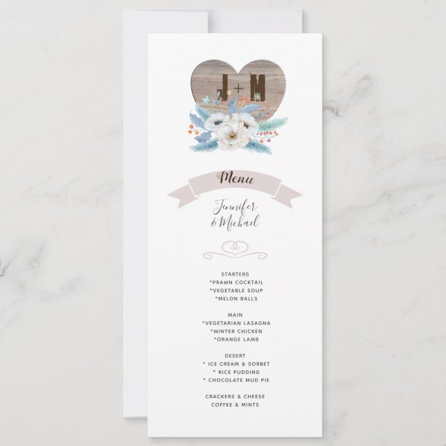 Invitation Eternal Love White Flower Blue Leaf Mariage MENU (Devant)