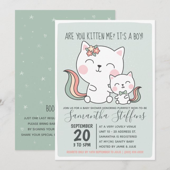 Invitation Êtes-Vous Kitten Me Cute Green Cat Boy Baby shower (Devant / Derrière)