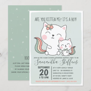 Invitation Êtes-Vous Kitten Me Cute Green Cat Boy Baby shower