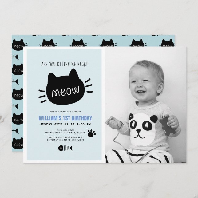 Invitation Êtes-vous Kitten Me Droite Meow Blue BIrthday Phot (Devant / Derrière)