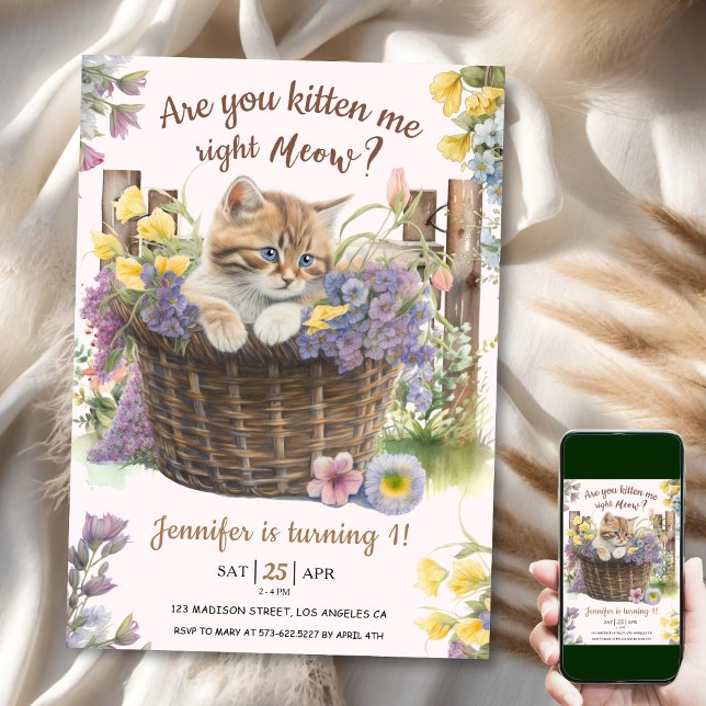 Invitation Êtes-vous Kitten Me Floral rose Chat 1er Anniversa (Créateur téléchargé)