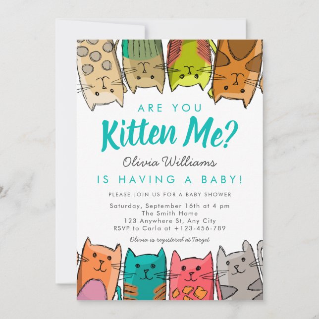 Invitation Êtes-Vous Kitten Me ? Kitty Cats Baby shower neutr (Devant)
