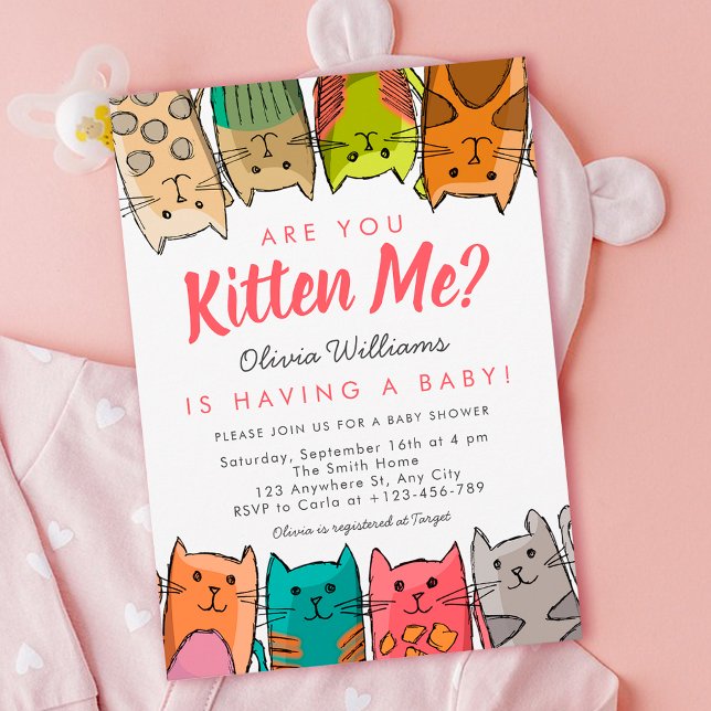 Invitation Êtes-Vous Kitten Me ? Kitty Cats Baby shower neutr (Colorful Cats Baby Shower Invitation)