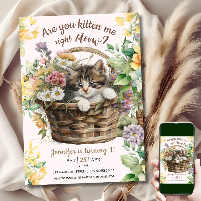 Invitation Êtes-Vous Kitten Me Meow | Fille de chat 1er anniv (Créateur téléchargé)