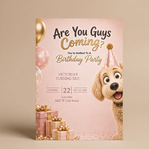 Invitation Êtes-vous là ? Drôle de chien rose gêné pour un an
