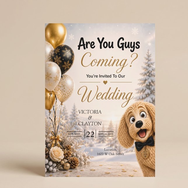 Invitation Êtes-vous là ? Mariage d'hiver drôle avec un chien (Créateur téléchargé)