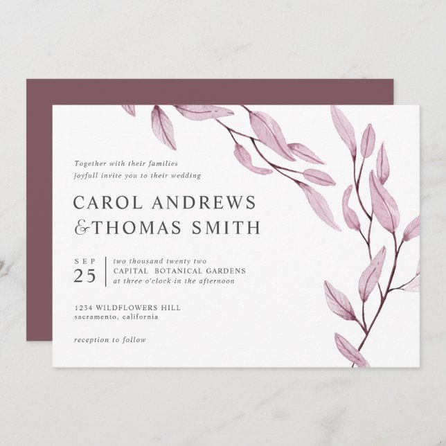 Invitation Ethereal Bourgogne | mariage Feuille chic (Devant / Derrière)