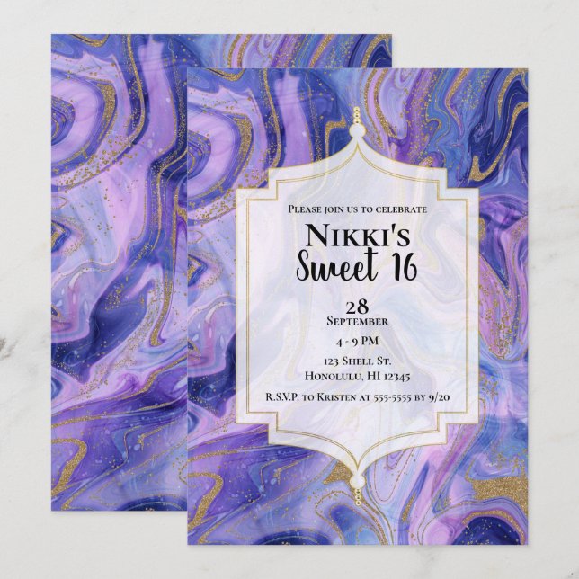 Invitation Ethereal Coton Candy Marble Glam Sweet 16 Party (Devant / Derrière)