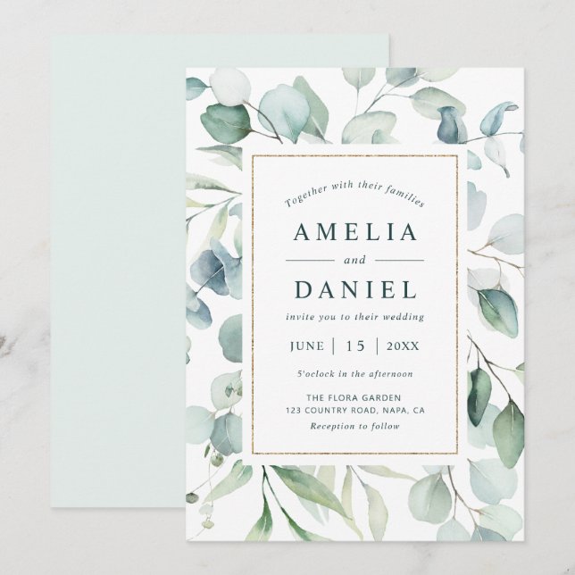 Invitation Ethereal Eucalyptus Gold Mariage (Devant / Derrière)
