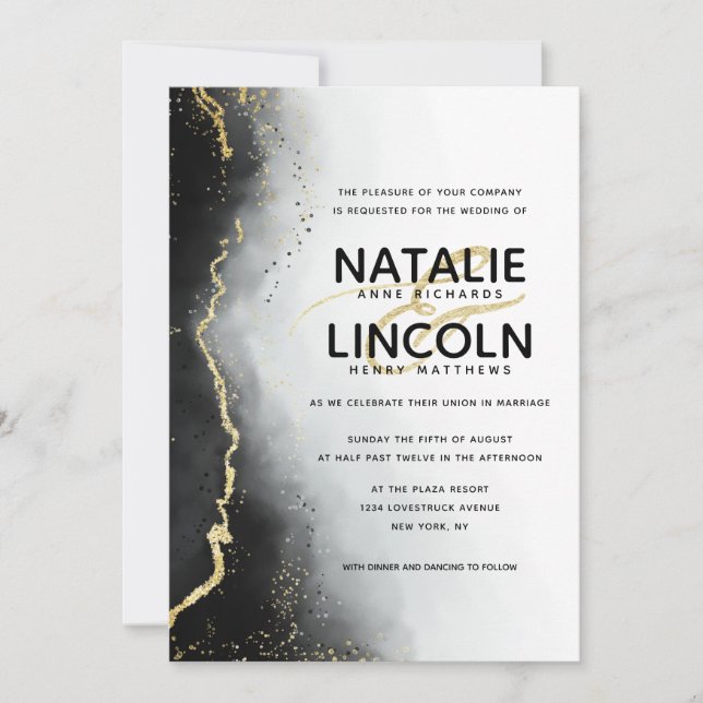 Invitation Ethereal Mist Ombre Black Gold Foil Mariage modern (Devant)