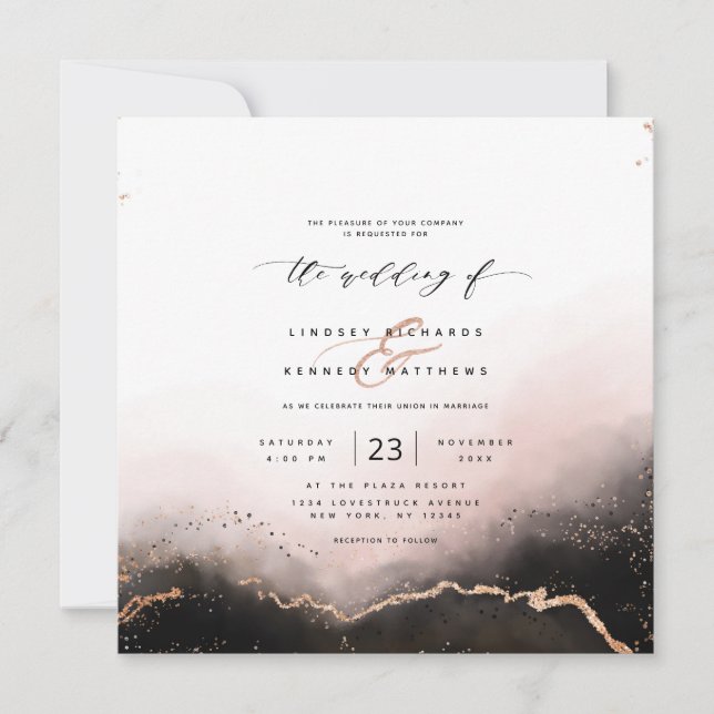 Invitation Ethereal Mist Ombre Blush Mariage Carré de luxe (Devant)