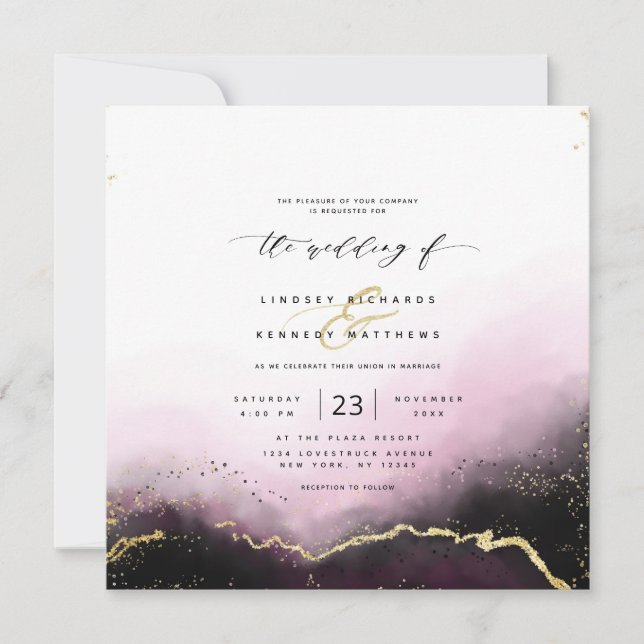 Invitation Ethereal Mist Ombre Bourgogne Mariage Carré de lux (Devant)