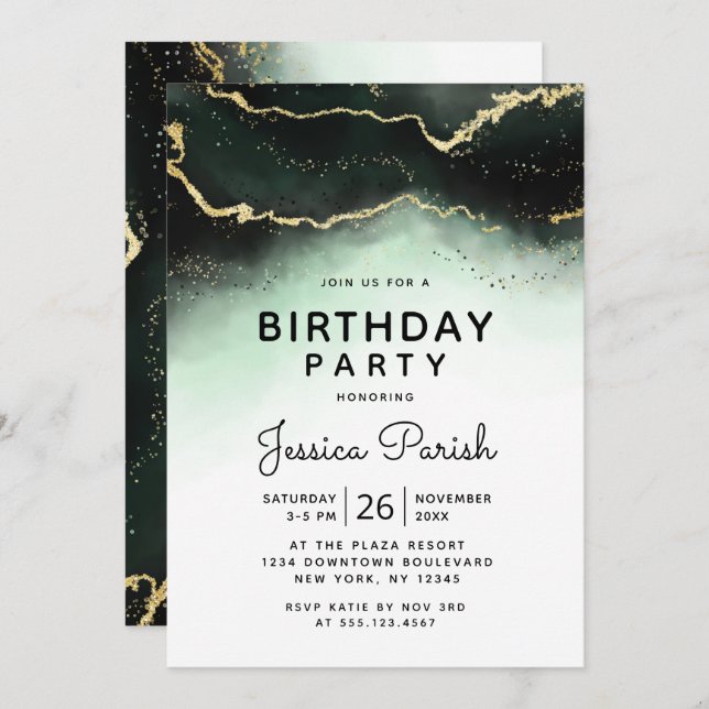 Invitation Ethereal Mist Ombre Emerald Green Birthday Party (Devant / Derrière)