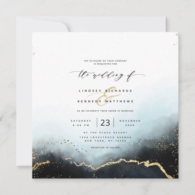 Invitation Ethereal Mist Ombre Marine Mariage Carré de luxe (Devant)