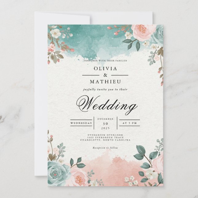 Invitation Ethereal Teal Blush Floral Arch Wedding (Devant)