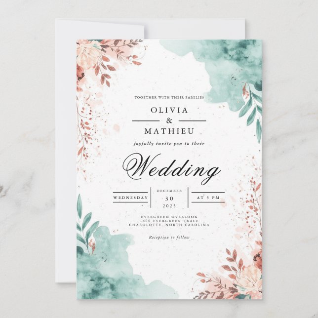 Invitation Ethereal Teal & Blush Flourish Wedding (Devant)
