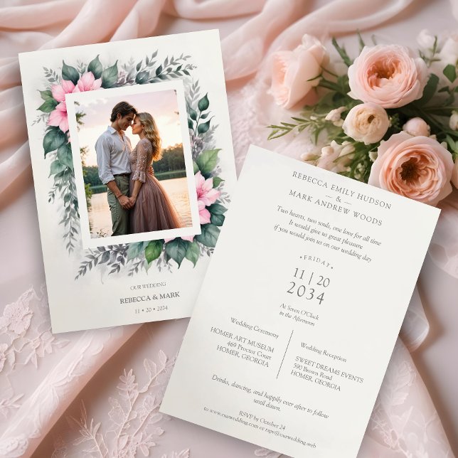 Invitation Ethérée & Enchanter Botanique Soft Floral Photo (Ethereal & Enchanting Botanical Soft Floral Photo Frame in Pink Wedding Invitations Cards.)