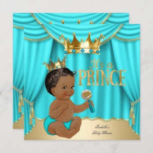 Invitation Ethnic Boy Baby shower Prince Aqua Blue Gold Crown