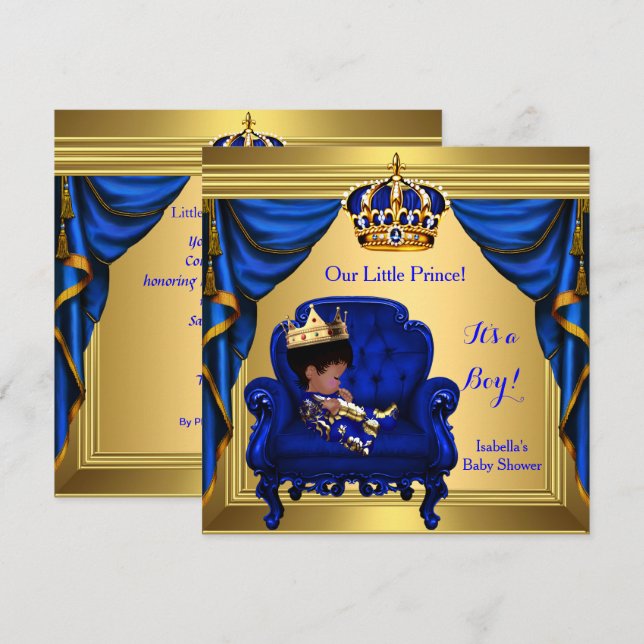 Invitation Ethnic Boy Baby shower Prince Royal Blue Gold (Devant / Derrière)