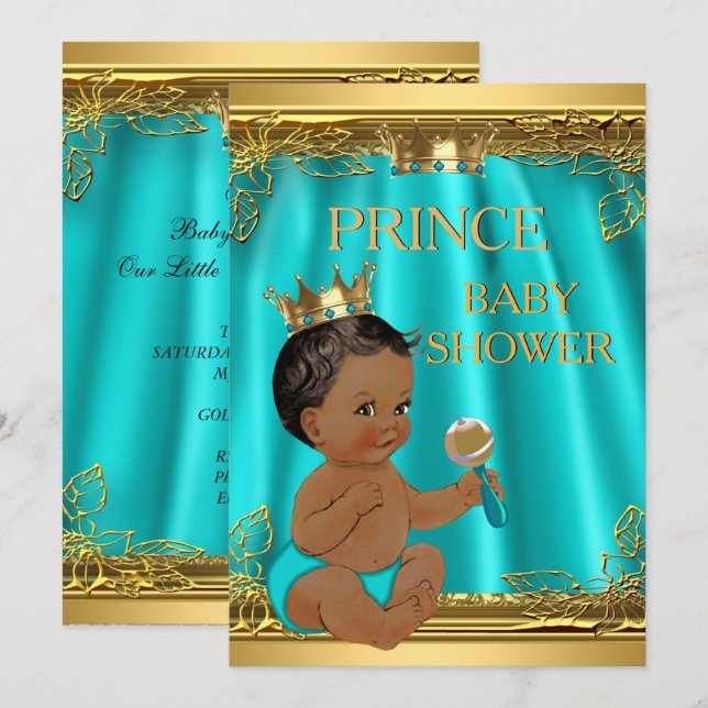 Invitation Ethnic Boy Prince Baby shower Aqua Turquoise (Devant / Derrière)
