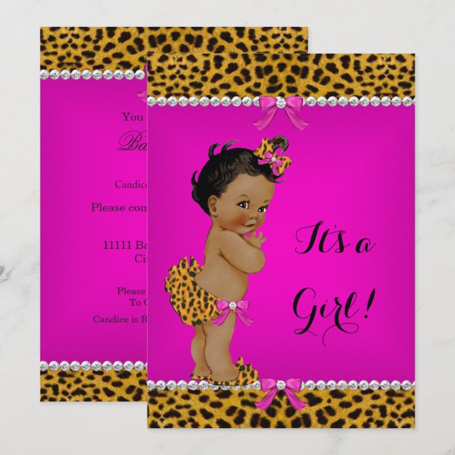 Invitation Ethnic Girl Baby shower Leopard Hot Rose (Devant / Derrière)