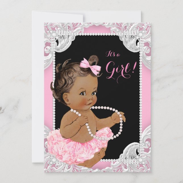 Invitation Ethnic Girl rose Black Pearl Baby Girl Show (Devant)