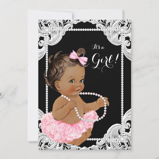 Invitation Ethnic Girl rose Black Pearl Baby shower (Devant)