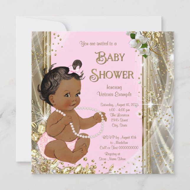 Invitation Ethnic Girl rose or Baby shower Pearl (Devant)