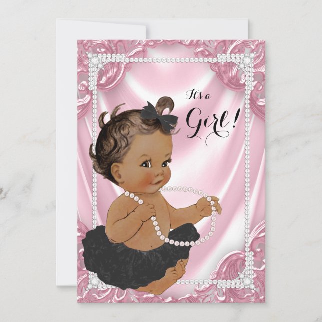 Invitation Ethnic Girl rose Pearl Black Tutu Baby shower (Devant)