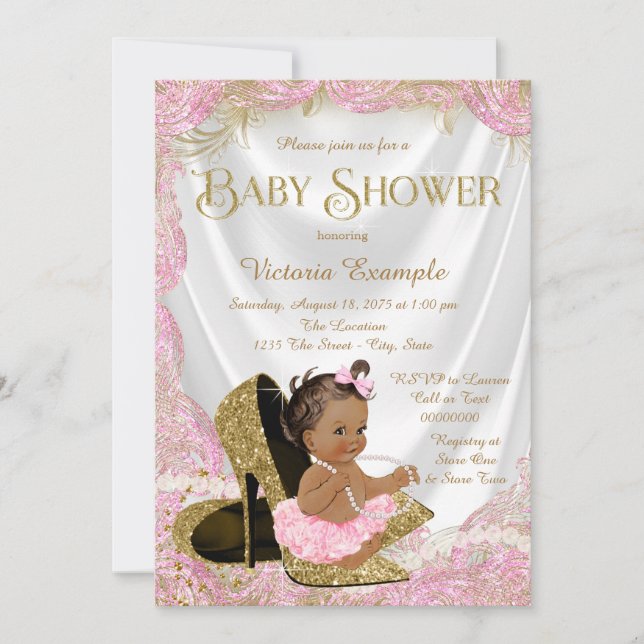 Invitation Ethnic Girl talon haute chaussure Baby shower or r (Devant)