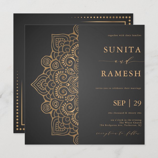 Invitation Ethnic Grey & Gold Mandala Elegant Mariage indien (Devant / Derrière)