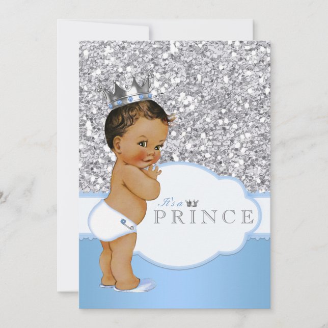 Invitation Ethnic Prince Baby shower Blue and Silver (Devant)