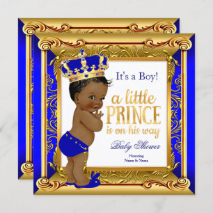 Invitation Ethnic Prince Baby shower Blue Faux Gold