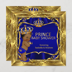 Invitation Ethnic Prince Baby shower Boy Blue Ornate Gold