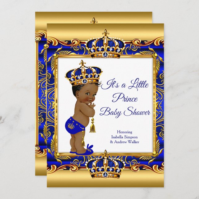 Invitation Ethnic Prince Boy Baby shower Blue Ornate Gold (Devant / Derrière)