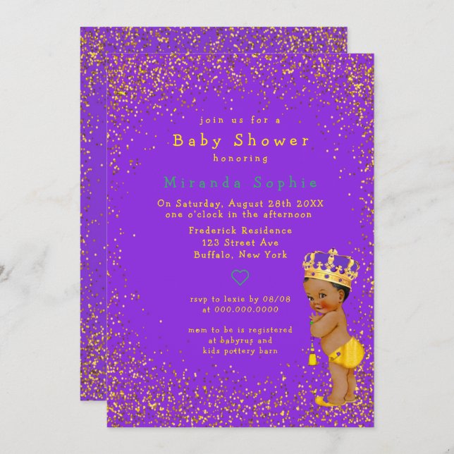 Invitation Ethnic Prince Purple et Gold Boy Baby shower (Devant / Derrière)