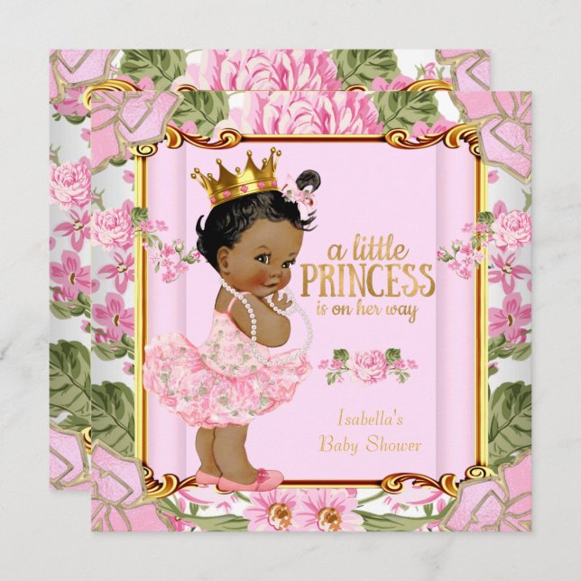 Invitation Ethnic Princess Baby shower Rose Rose Floral (Devant / Derrière)
