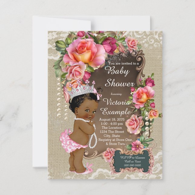 Invitation Ethnic Princess Burlap Lace Pearl Baby shower (Devant)