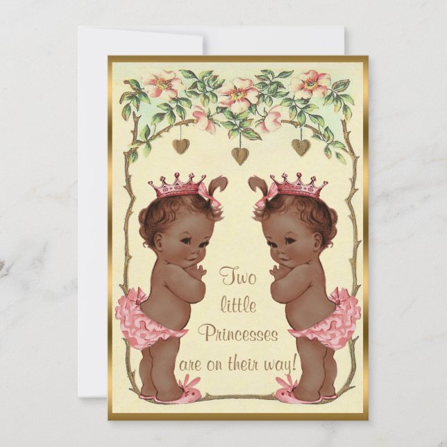 Invitation Ethnic Princess Twins Baby shower Rose & Coeurs (Devant)