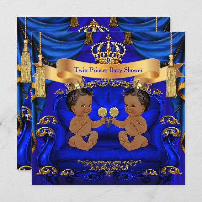 Invitation Ethnic Twin Baby shower Boy Prince Blue Gold (Devant / Derrière)