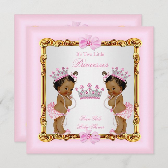 Invitation Ethnic Twin Girls Princess Baby shower Gold Rose (Devant / Derrière)