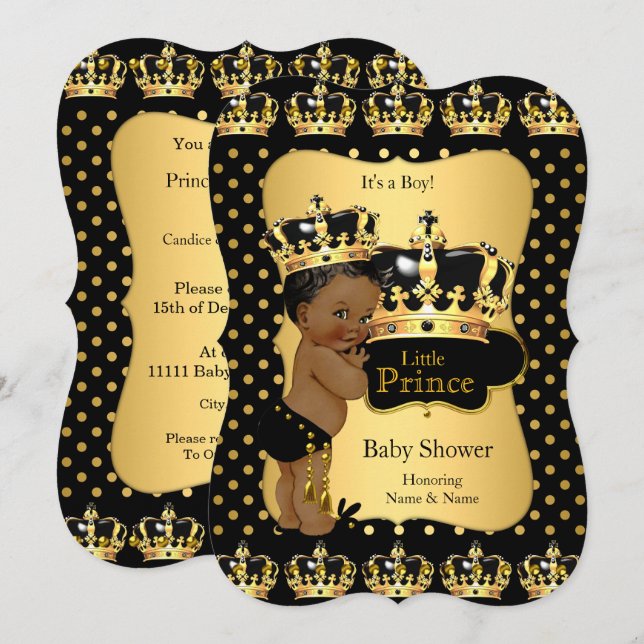 Invitation Ethnique Prince Baby shower Black Gold Polka Dot (Devant / Derrière)